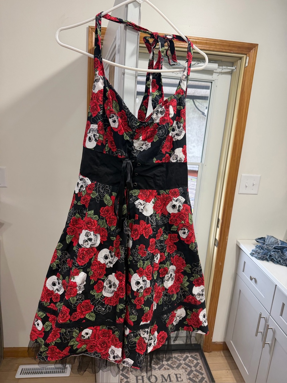 Torrid Black Dress with Red Rose & Skull Print - Halter Tie